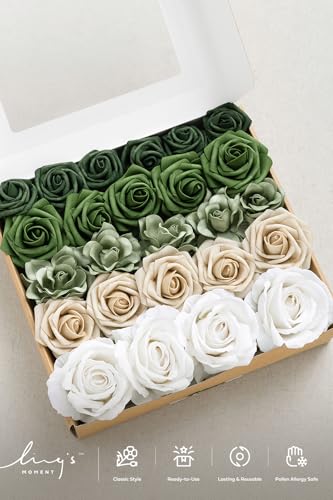 Ling's moment Artificial Flowers Fake Silk Roses Faux Foam Gardenia Combo for DIY Wedding Bouquets Centerpieces Arrangements Bridal Shower Party Home Decorations, Emerald Green & Tawny Beige, 25pcs - color: Grn-emerald Green & Tawny Beige