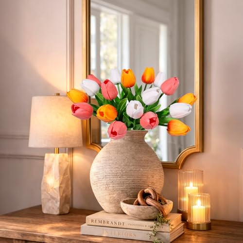 Beferr 18pcs Tulips Artificial Flowers Faux Tulip Real Touch Tulip Fake Flowers Bouquets Arrangements for Mothers Day Spring Easter Wedding Home Table Decor - color: C-18pcs-3colors-colorful-3, size: 18PCS