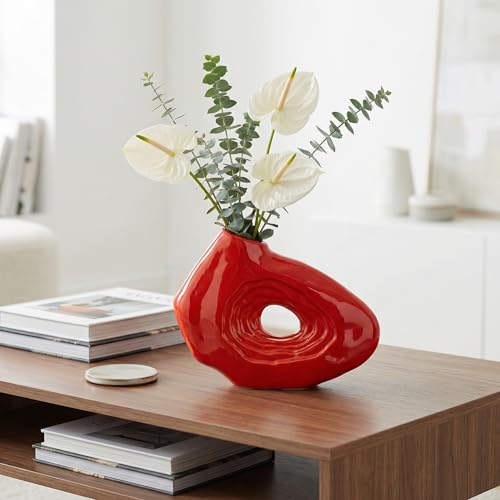 Sunddo Red Ceramic Vase, 7 Inch Small Boho Style Decorative Vases for Flowers, Donut Modern Flower Vase for Home Decor, Art Nordic Aesthetic Vases, Living Room, Desk Decor - color: Red, size: 7 inch