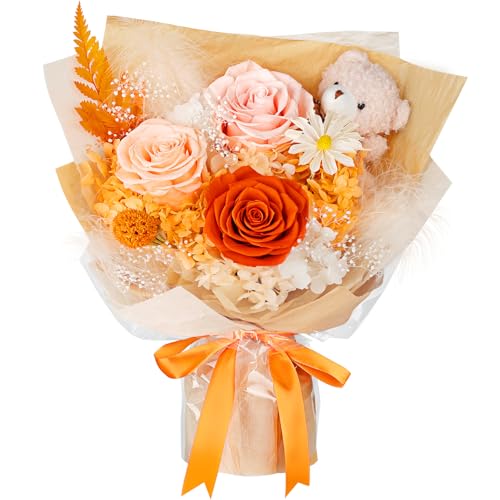 Preserved Flowers Bouquet with Bear, 3 Real Forever Flowers for Delivery, Long-Lasting Orange Eteranl Roses Bouquet, Anniversary Birthday Gifts for Women Mom Her Girlfriend Wife - color: Orange