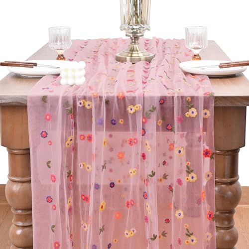 Joanlody 3pcs Blushing Pink Embroidery Daisy Table Runner Valentine’s Day Florals Seasonal Easter Tulle Table Runner Holiday Kitchen Dining Table Decoration for Home Party Indoor - color: Blushing Pink, size: 10ft x 3pack