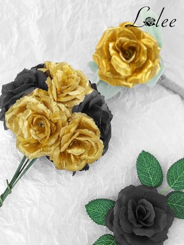 LELEE 108pcs Black Gold Roses Head Flowers with Long Stem - Bridal Artificial Flowers Rose Bulk - Silk Gold Black Rose Fake Flower for Wedding Bouquet Balls Arrangement Table Centerpieces Party Decor - color: Black-gold