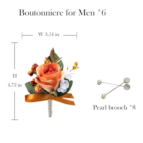 Marriwise 6pcs Coral Orange Boutonniere for Men, Artificial Silk Rose Flowers Wedding Groom Groomsmen Boutonniere for Wedding/Anniversary/Prom/Rustic Wedding/Homecoming (Coral Orange) - color: Coral Orange