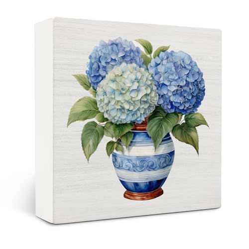 Hydrangea Floral Decor Wooden Signs,Blue And White Porcelain Chinoiserie Wooden Box Sign,Blue Hydrangea Desk Accessories Decor For Home Desk Tabletop Shelf Decoration 5x5 Inches - color: Hydrangea Floral