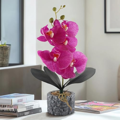 Lifelike Artificial Orchid Faux Plant Fake Flower Phalaenopsis with Cement Vase Table Centerpieces Home Bathroom Hotel Office Decoration (Purple Tall 15") - color: Purple