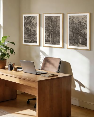 PHOPAGO Vintage Tree Framed Wall Art Large 16x24in Retro Forest Wall Decor Nature Wilderness Sketch Paints Modern Bedroom Living Room Decor - Natural Framed - color: Brown Tree, size: 24L" x 16W" x 3 Pcs Natural
