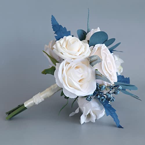 MOJUN Dusty Blue Wedding Bouquets for Bridesmaid, Set of 6, Artificial Rose Bridal Bridesmaid Bouquets for Wedding Ceremony Anniversary Bridal Shower Party Home Decorations, 6 Pack - color: Dusty Blue Bouquet B 6pack