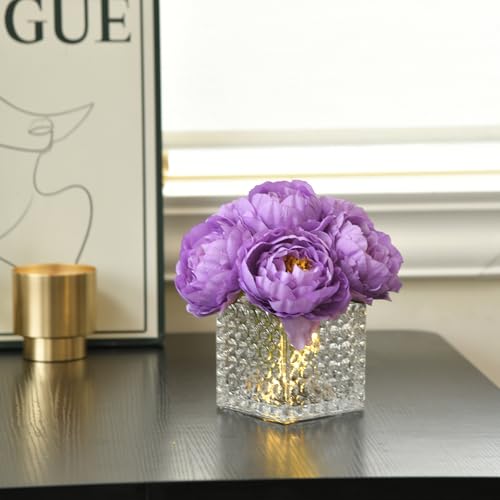Artificial Peony Silk Flower Centerpieces with LED Light Faux Floral Arrangement in Glass Vase for Home Wedding Table Decoration (Purple) - color: Light-purple
