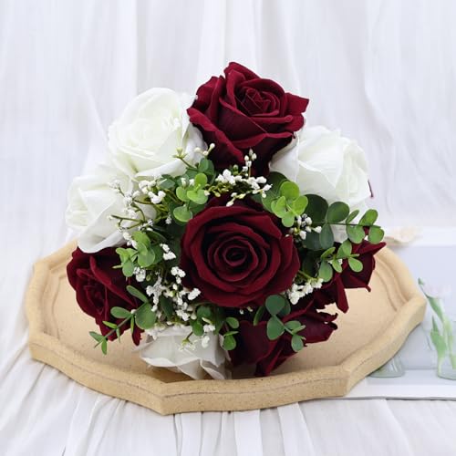 9in Wedding Bouquets for Bride Bridesmaid, Burgundy & White Artificial Roses Flowers Bouquet for Rustic Church Boho Wedding or Centerpieces Decoration