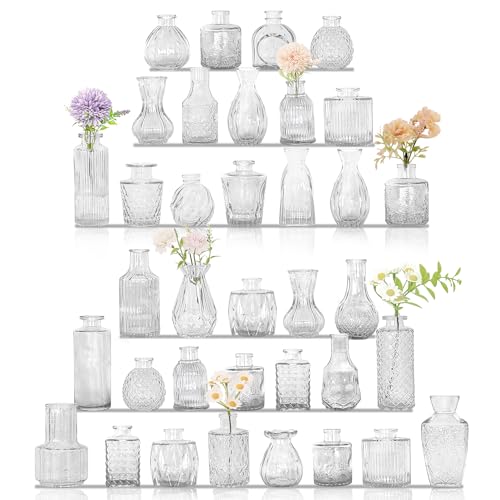 36Pcs Bud Vases Set Small Vintage Glass Bottles Clear Bud Vases in Bulk Multiple Shape Cute Glass Vases for Rustic Wedding Centerpieces Table Decorations and Home Decor(Clear) - color: Clear