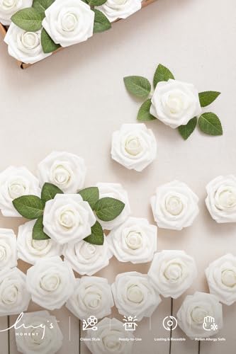Ling's Moment Artificial Rose Flowers 25pcs Foam Roses w/Stem for DIY Wedding Bouquets Centerpieces Bridal Shower Party Home Decorations (Regular 3 inch /25pcs) - color: Wht- White, size: 25Pcs