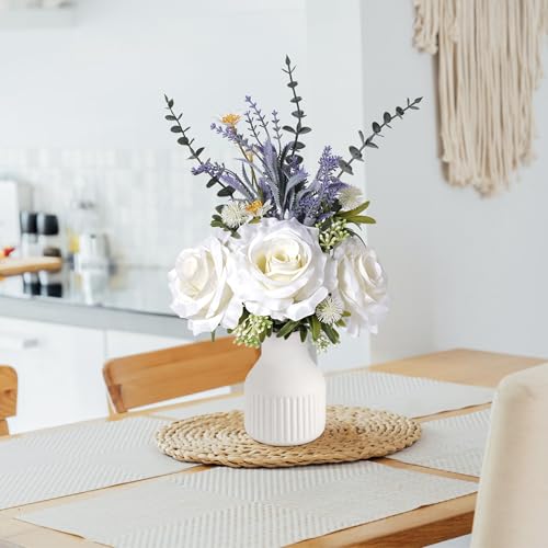 Artificial Flowers in Vase, Silk Roses Flowers Artificial Eucalyptus Lavenders Small Daisies and Fake Plants in White Ceramic Vase, Farmhouse Floral Arrangements Dining Table Centerpiece Décor - color: White