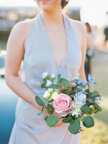 Rinlong Pink Blue Bridesmaid Bouquet for Wedding, Prom, Homecoming | Silk Bridal Bouquet, Destination Friendly - color: 17-white Pink & Blue