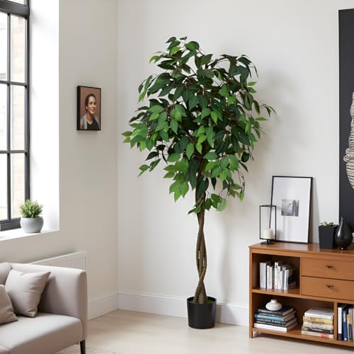 Elegant Faux Ficus Tree in a Designer Nursery Pot, high Density 756 Silver Leaves, A Stylish Addition to Office, Living Room, Upscale Home, Hotel, Booth, Indoor Outdoor Space. (6 feet)