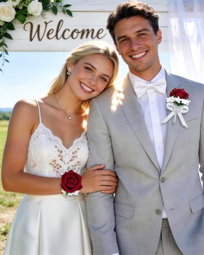 2Pcs Red Rose Corsage and Men Boutonniere Set Women Wristlet Band Wrist Bracelets, for Prom Wedding Ceremony Flowers Decorations and Homecoming Party Accessories - color: Red, size: 1 Boutonniere & 1 Wrist Corsage