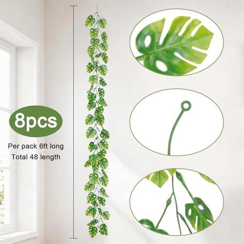 8Pcs Artificial Tropical Leaves Garland for Jungle Party, 5.9FT Fake Monstera Leaves Vines Hanging Plant Ivy Faux Palm Leaf Greenery Garland for Garden Porch Patio Beach Birthday Indoor Outdoor - color: Monstera-8pcs