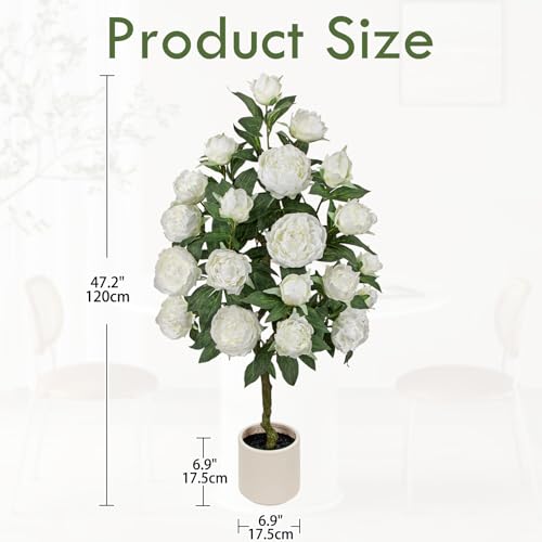 Hollyone White Fake Peonies Tree 4FT Peonies Artificial Flowers Tree in Pot Faux Peony Plants & Flowers in Planter Greenery Potted Plant Indoor Outdoor Front Door Porch Home Decor - color: 4ft - White