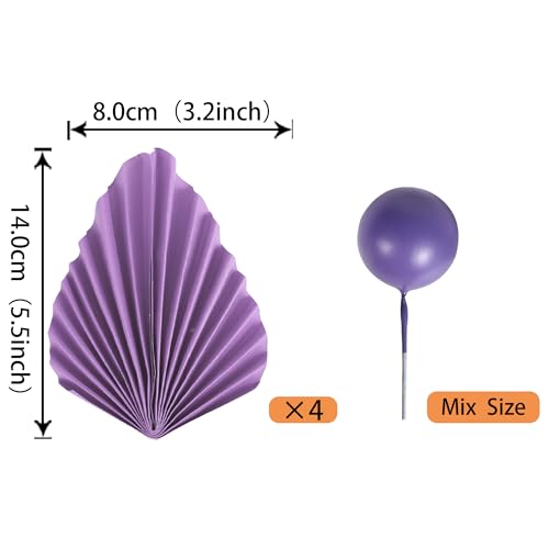 30 Pack Purple Paper Palm Fan Cake Topper With Balls - Wedding, Bridal Shower, Baby Shower, Birthday, Anniversary DIY Cake Decorations and Party Supplies - color: Design 3 Purple