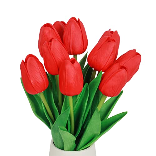 10Pcs Red Fake Tulips Realistic Artificial Flowers for Home Decor PU Faux Tulips Red Fake Flowers with Stem Real Touch Spring Bouquet for Wedding Party Decoration - color: Red
