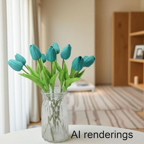 Artificial Flowers 10 Heads Mini Real Touch Artificial Tulip for Home Wedding Party Centerpiece Decoration (Dark Teal) - color: Dark Teal