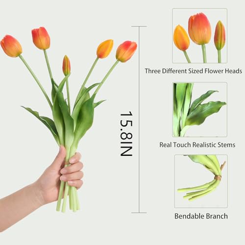 15 Pcs Orange Tulips Artificial Flowers Faux Tulips Real Touch Latex Fake Flower Bouquet for Spring Wedding Home Décor Centerpiece Arrangements - color: Orange
