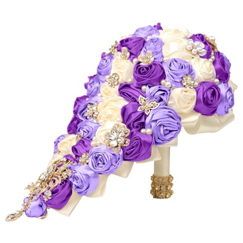 Handmade Satin Rose Water Drop Bridal Bouquet,8.7inch Crystal Wedding Round Tossing Bouquet,Jewelry Proposal Bridesmaid Bouquet Groom Corsage Bride Wrist Flower Ivory (07#Ivory Purple) - color: 07#ivory Purple