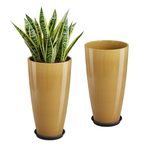 QCQHDU 21 inch Tall Planters for Outdoor & Indoor Plants, 2 Pack Sturdy Plant-Flower-Tree Pots for Front Porch Patio Deck Living Room Decor, Golden - color: Golden, size: 21 inch