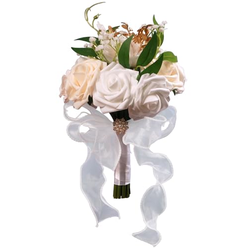 LEIFENY Wedding Bouquets for Bride, Champagne & White Bridal Bridesmaid Flower with Silk Ribbon, Artificial Toss Rose for Civil Ceremony - color: Champagne White