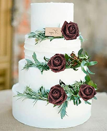 IPOPU Artificial Flowers, 25pcs Foam Glitter Roses Glitter Foam Rose Foam Rose with Stem for DIY Wedding Bridal Bouquet Home Party Decoration(Coffee) - color: Coffee