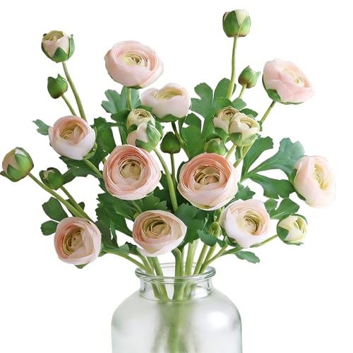 5PCS Artificial Ranunculus Flowers with Silk Flower Real Touch Stem Spray for Home Garden Office Decoration Wedding DIY Arrangements (Champagne Pink) - color: Champagne Pink