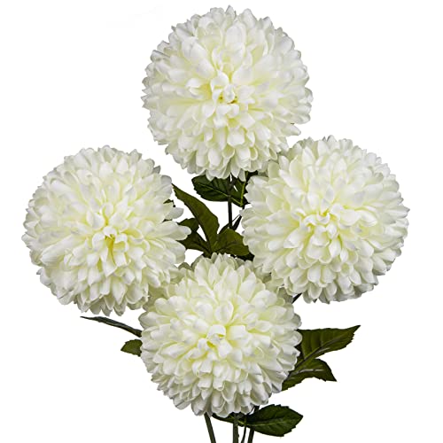 Briful Autumn Artificial Chrysanthemums Ball Flowers 6’’ Large Heads Mums Stems Cream White Fake Hydrangea Flowers Bridal Wedding Bouquet for Home Garden Party Wedding Decoration, Set of 4 - color: 6'' Dia. 4pcs Cream White