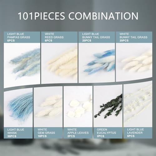 N&T NETING 101Pcs Blue Pampas Grass Decor Natural Dried Floral Pampas Grass Light Blue Boho Pampas Home Decor Fluffy Dried Pampas Flowers for Home Wedding Boho Beach Theme Table Decor