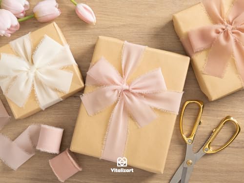 Vitalizart Pink Handmade Chiffon Silk Ribbon Fringe 1.5" x 21 Yd Blush Pink & White Frayed Edges Ribbons for Wedding Invitations Bridal Bouquets Gifts Wrapping Crafts Holiday Party Decorations - color: Cream & Pink