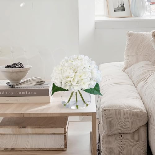 Hydrangea Artificial Flowers in Glass Vase, White Silk Fake Flowers Silk Centerpiece Table Decorations for Dining Room， Coffee Table Decor，Wedding, Home with Faux Water Decor（White） - color: White