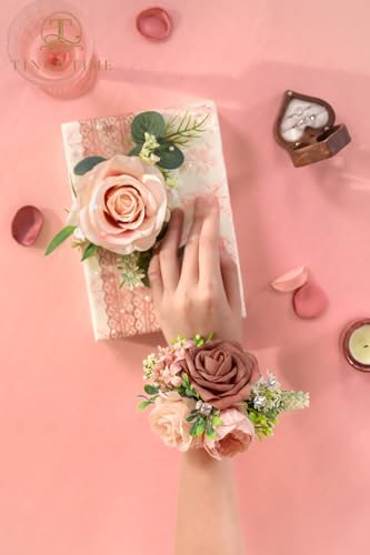 TINGE TIME Set of 2 Wrist Corsage Bracelets Pearl Wristlet Band Bridesmaid Bracelet for Wedding Ceremony Bridal Shower Wedding Artificial Flower Prom (DustyRose&Cream) - color: Dusty Rose & Cream