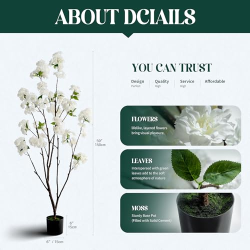 Ttranewsoo Fake Tree Cherry Blossom Tree 59'' Artificial Cherry Blossom Tree Tall Fake Plant Faux Trees Indoor Artificial Trees for Home Decor Indoor Applies to Living Room Bedroom Balcony (White) - color: 1.5m White