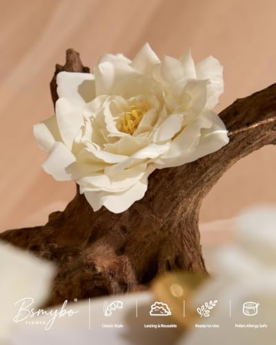 BSMYBO Artificial Flowers Fake Rose Combo Box Set Ivory White Silk Flowers Camellia White Dahlia Leaf with Stems for DIY Wedding Bouquets Table Centerpieces Baby Shower Party Home Bridal Decorations - color: White, size: PureBlooms