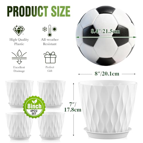 8 Inch Wave Plant Pots with Drainage Holes & Saucers, 4 Pack Modern Textured Medium Planters for Indoor Outdoor Plants, Decorative Flower Pots Repotting Set for Flowers, Herbs (White) - color: White
