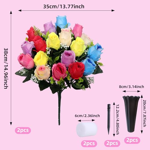 Lodou Set of 2 Artificial Cemetery Flowers, Memorial Flowers Bouquet,Grave Memorial Flowers with Vase for Cemetery Headstones Decoration (Color) - color: Color