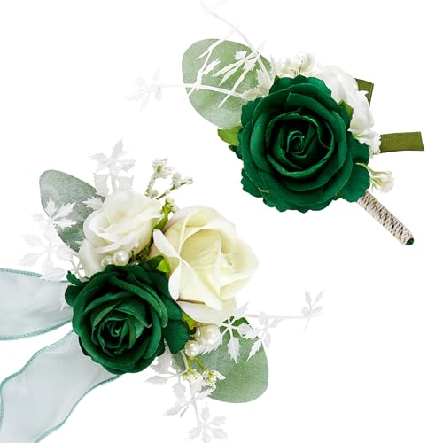 SITUMEIZI 2Pcs Green Corsage and Boutonniere Set Wrist Corsage Bracelets and Boutonniere for Men Wedding Prom Party Suit Decor - color: Green