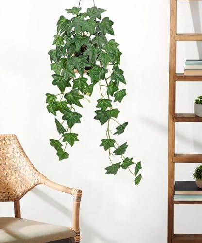 GnFlus Fake Pothos Ivy Plant with Pot Artificial Green Leaves for Home Shelf Decor Indoor Silk Artificial Realistic Plant Large - color: Green Lvy-black Pot
