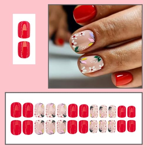Flower Press on Nails Short Square Fake Nails Red Nude False Nails with Embossed Designs 3D Flowers Glossy Full Cover Stick on Nails Glue on Nails Spring Acrylic Nails for Women Girls 24 Pcs - color: Flower Square4