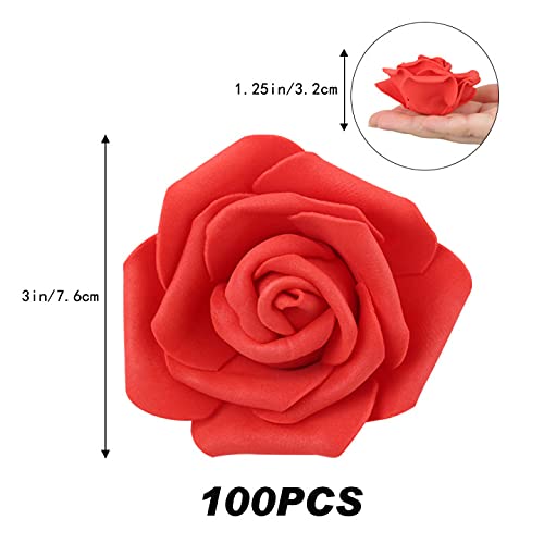 IPOPU 100 Pcs Artificial Flowers Roses Flower Heads Coral Red Foam Fake Roses for DIY Craft Wedding Centerpieces Arrangements Party Baby Shower Cake Decor Home Decorations (Red, Stemless) - color: Red 100pcs