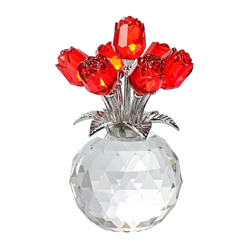 Red Rose Flower Crystal Figurine with Vase, Bouquet Flowers Ornament Gifts for Wife Girlfriend Women , Handmade Crystal Flower Collectible Home Table Decor for Valentine's Day Wedding Anniversary - color: Red-crystal Rose