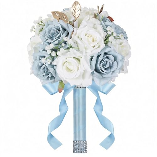 Wedding Bouquets for Bride & Bridesmaid, 9 Inch Artificial Rose Bridal Bouquet, Ivory White & Blue Silk Flowers for Wedding Ceremony, Church, Party Decoration (White Blue) - color: White Blue