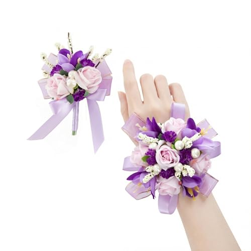Purple Rose Corsage and Boutonniere Set, Prom Flower Wrist Corsage Wristlet Band Bracelet, Boutonniere for Men Lavender Wedding Flowers Accessories Prom Suit Decorations - color: Purple