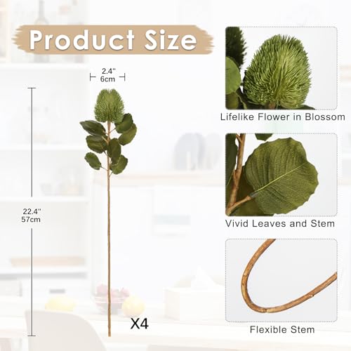 GnFlus 4Pcs Artificial Flowers Bouquets 23 Inch Fake Fall Flower Green Long Stem Autumn Faux Banksia Flowers Floral Arrangements for Home Bedroom Table Wedding Party Boho Decor - color: Green