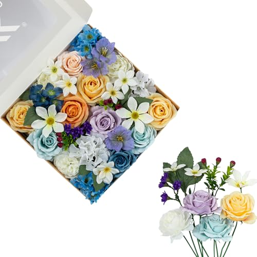 FANKO Artificial Flowers for DIY, Pastel Multicolor Faux Flowers Bouquet, Fake Rose Daisy Lily Hydrangea Silk Flowers for Vase, Home Decor, Garland, Wedding, Birthday, Party, Romantic Celebration - color: Multicolor-2