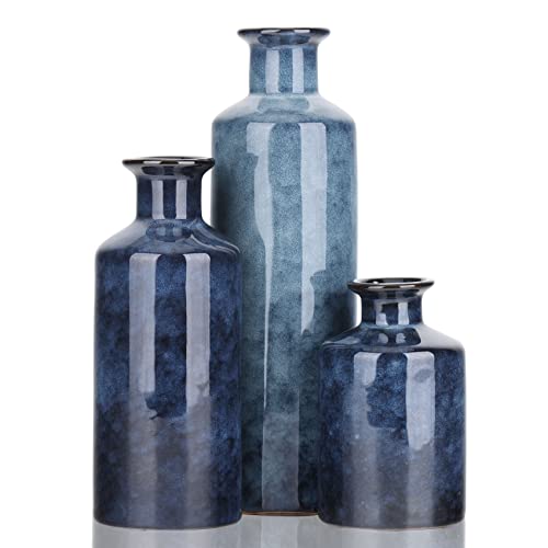 Blue Ceramic Vase Set - 3 Blue Small Vases, Farmhouse Country Flower Vase Home Decor, Living Room Decoration, Table Decoration, Fireplace Decor, and Entrance Decorations Centerpieces - color: Blue