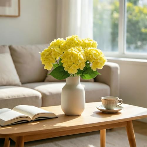 4 Pcs Faux Hydrangeas Real Touch Hydrangea Artificial Flowers Latex Large Fake Flower Long Stems for Wedding Home Party Table Centerpieces Decor (Yellow) - color: Yellow